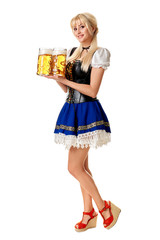 Wall Mural - Full length portrait of a blond woman with traditional costume holding beer glasses isolated on white background.