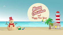 Sandy Snowman On Sea Beach With House Lighthouse Palm Trees And Full Moon Backgrounds. Holiday Travel Concepts Can Be Used For New Year's And Christmas Cards In Tropical Countries Vector Illustration.
