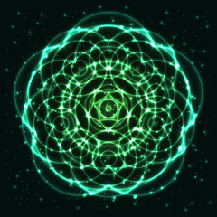 Wall Mural - Bright, shining and glaring abstract mandala. Beautiful decorative cosmic background. Abstract glowing green flower. Vector EPS10 file.