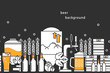 Beer. Vector background. Bottles, keg, glass, mug, equipment for brewery, hops, wheat. Line icons on a dark background.