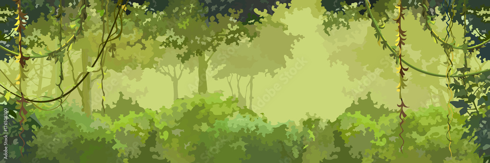 background cartoon green leafy forest with lianas - obrazy, fototapety, plakaty 
