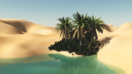 Wall Mural - oasis, lake with palm trees on the beach in the sandy desert, 3d rendering
