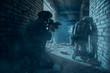 Special Forces soldiers in action. Elite squad sneak up to the enemy in a dilapidated building.They use special equipment, weapons and tactical devices.