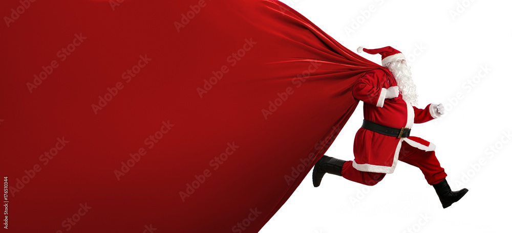 Santa Claus with huge bag, on the run, to delivery christmas gifts isolated on white background - obrazy, fototapety, plakaty 