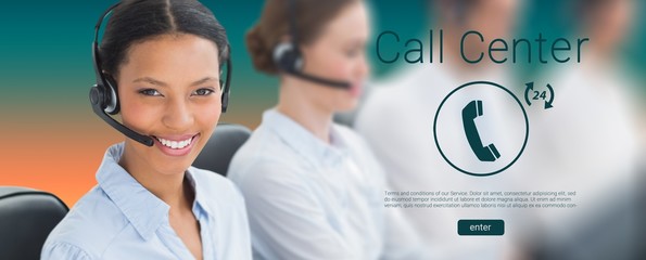 Poster - composite image of business people with headsets using computers