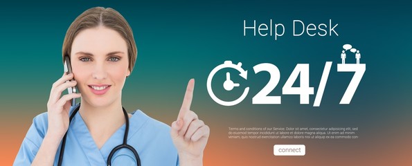 Poster - composite image of pretty woman doctor phoning and pointing with