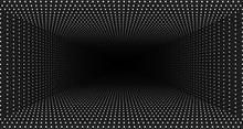 Vector Infinite Rectangular Tunnel Of Shining Flares On Monochrome Background. Glowing Points Form Tunnel. Abstract Cyber Colorful Background. Elegant Modern Geometric Wallpaper. Shining Points