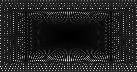 Poster - vector infinite rectangular tunnel of shining flares on monochrome background. glowing points form t