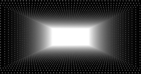 Poster - Vector data flow visualization. Triangle tunnel of big data flow as binary numbers strings. Information code representation. Cryptographic analysis. Bitcoin blockchain transfer. Stream of code