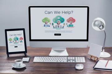Fototapete - Composite image of human representations with can we help text