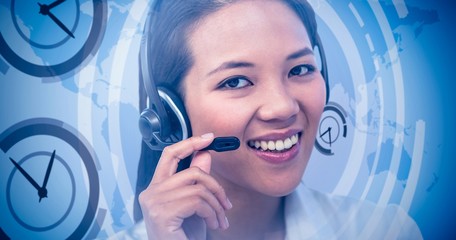 Poster - Composite image of smiling businesswoman using headset
