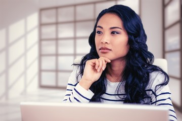 Poster - Composite image of thoughtful asian woman with finger on chin