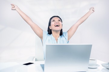 Poster - Composite image of celebrating woman with arms raised