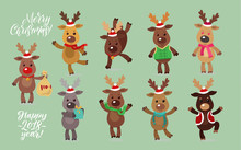 Santa's Reindeer Set. Vector Illustrations Of Reindeer Isolated On White Background.