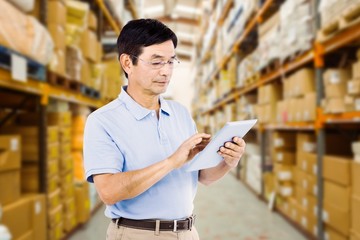 Poster - Composite image of man using digital tablet while standing