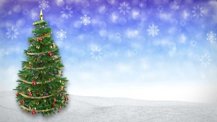Wall Mural - rotating Christmas tree on blue winter background. 3D render.seamless loop