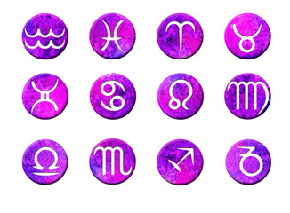 Wall Mural - Zodiac signs; Set of simple stroke zodiac signs on circles background.  Bright, colorful round shapes purple. Isolated on white background
