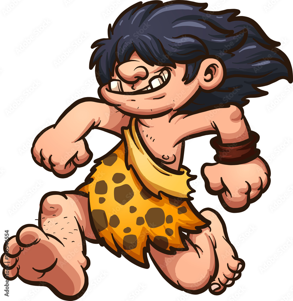 Running cartoon caveman with long hair. Vector clip art illustration ...