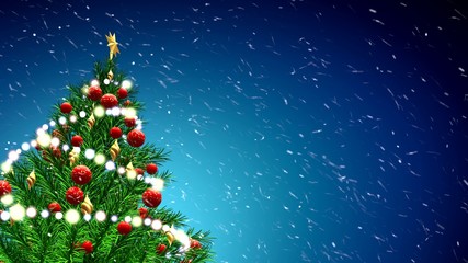 Wall Mural - 3d illustration of green Christmas tree over blue background with snowflakes and red balls