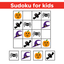Halloween Sudoku Game With Funny Picture For Preschool Kids. Logic And Educational Game. Vector Illustration.