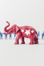 United States Republican Elephant Standing Infront Of A Row Of Blue Donkeys