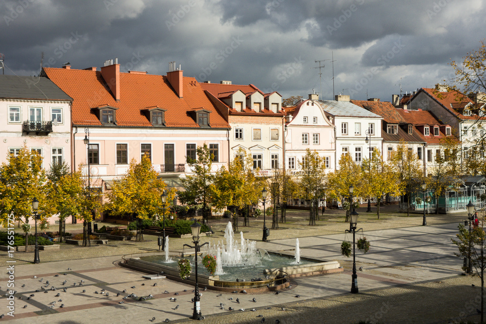 Obraz na płótnie Stary Rynek w Płocku - kamienice i fontanna Afrodyta w salonie