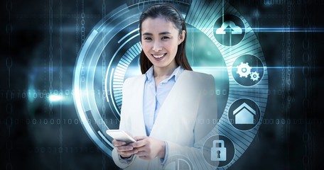 Poster - Composite image of smiling businesswoman using smartphone