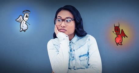 Sticker - Composite image of thoughtful asian woman with hand on chin