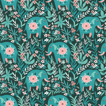 Vector Seamless Pattern With Elephants In The Jungle. Tropical Background For Fabric Or Wallpaper Boho Design.