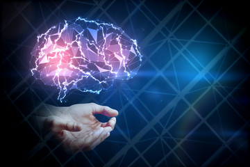 Poster - Hands holding gloiwng brain, science concept
