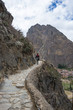 Tourist exploring the Inca Trails and the archaeological site at Ollantaytambo, Sacred Valley, travel destination in Cusco region, Peru. Vacations and adventures in South America.