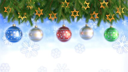 Wall Mural - Christmas Decorations Hanging and Rotating From Twigs- 3D render. Seamless loop