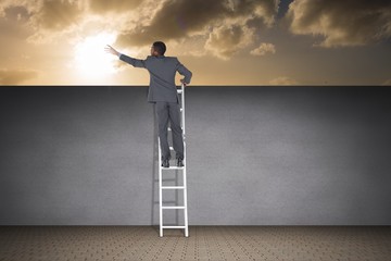 Poster - Composite image of businessman standing on ladder