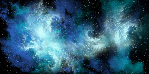 stormy sea nebula - a blue nebula is full of stars, plasma gasses and matter and forms dense cluster
