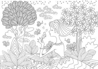 Wall Mural - lovely young woman in happy forest for coloring book