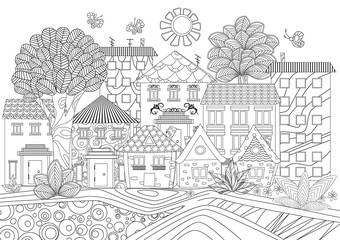 Wall Mural - funny cityscape for coloring book