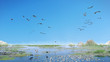 pterosaurs flock in flight over a scenic Jurassic Period landscape