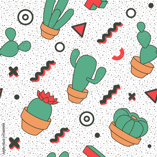 Fototapeta Memphis Seamless Pattern Abstract Trendy Background Retro Style Modern Poster, Card Design with Geometric Elements and Cactus Vector illustration