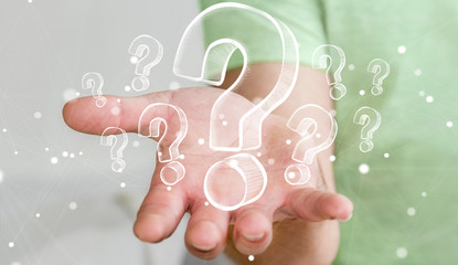 Poster - Businessman holding hand drawn question marks