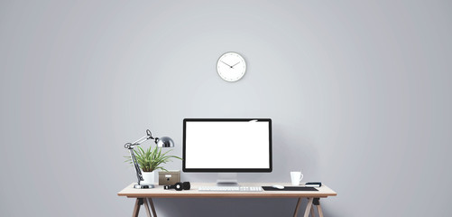 Wall Mural - computer display and office tools on desk. desktop computer screen isolated. modern creative workspa