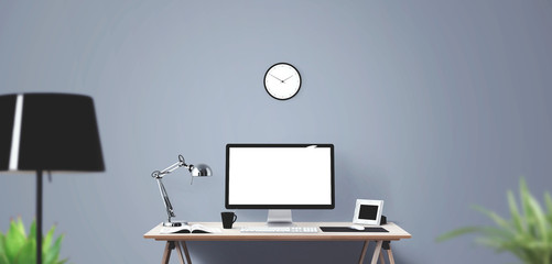 Wall Mural - computer display and office tools on desk. desktop computer screen isolated. modern creative workspa