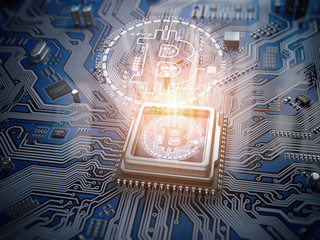 Poster - Bitcoin hologram over CPU core and computer circuit board or motherboard. Cryptocurrency mining concept.