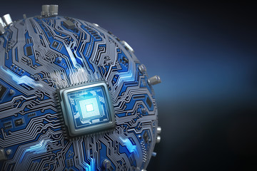 Poster - Circuit board system chip with core processor. Spherical computer motherboard with CPU. Futuristic computer technology background.