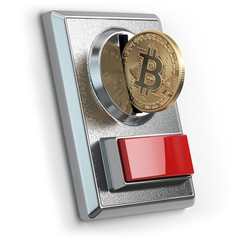 Poster - Pay by bitcoin concept. BItcoin coin and coin acceptor isolated on white.