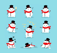 Set Of Cute Playful Snowmen. Elements From The Christmas Collection Of Characters. Happy New Year, Merry Xmas Design Element. Vector Illustration
