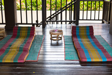 Thai Triangular Backrest Pillow On Mat. Thailand Scatter Cushion Mattress For Spa Massage. Comfortable & Relax Concept