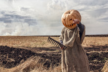 Portrait Of Jack-lantern With A Pumpkin On His Head Standing In The Field.