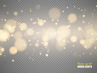 Golden bokeh lights with glowing particles isolated. Vector