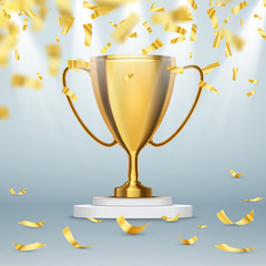 Wall Mural - Trophy cup with golden confetti. Vector background. Winner concept.