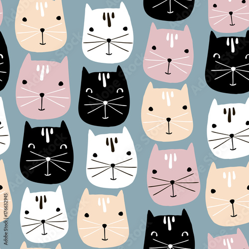 Cotton fabric Cute cats faces seamless pattern. Vector childish background